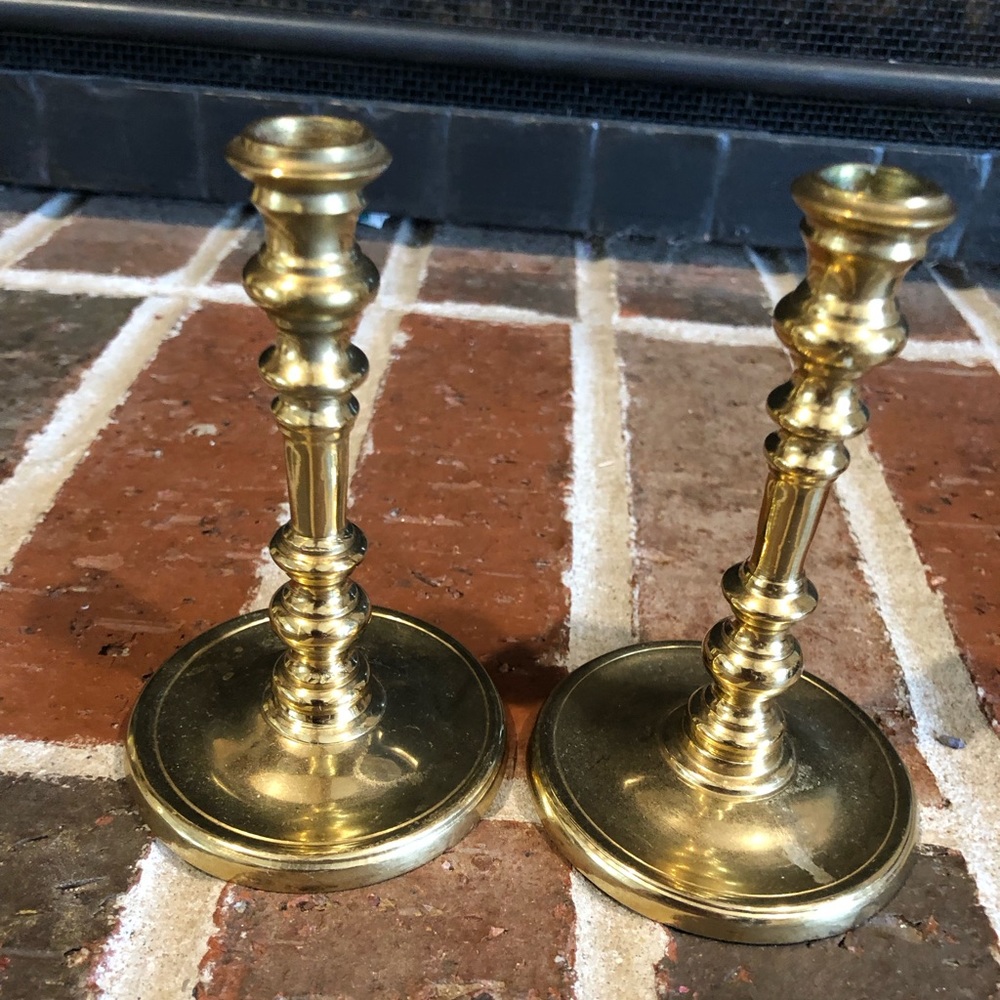 unique design pair of vintage gold brass candlestick holders 4.25” tall each